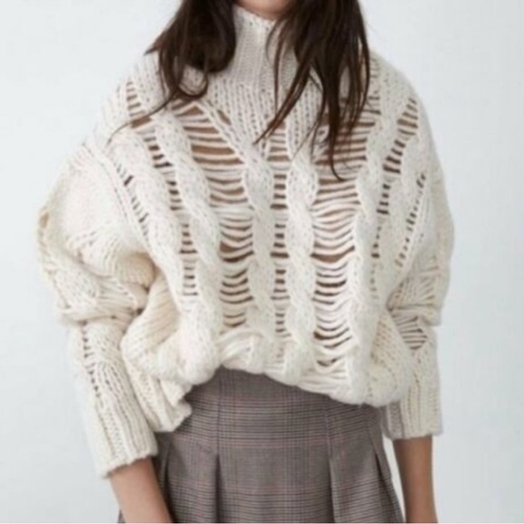 Zara open cable knit sweater turtleneck cream womens long sleeve NWT NEW - Picture 2 of 4